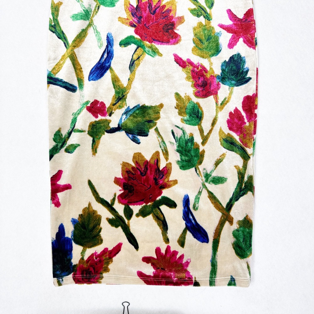 ZARA Trafaluc Floral Velvet Midi Dress Cream Pink Green Blue Short Sleeve - Picture 6 of 7